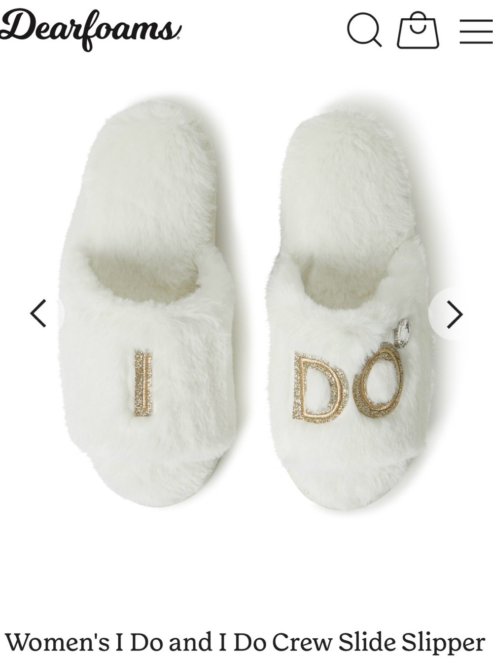 dearfoams White Plush 'I Do' Slide Slippers with Gold Embroidery